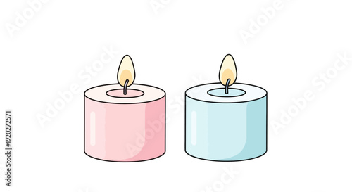 Two Colored Candles with Lit Flames.