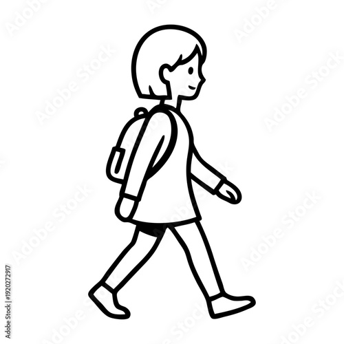 Regreso a las clases. Dibujo sencillo con líneas de una niña de primaria caminando con mochila
