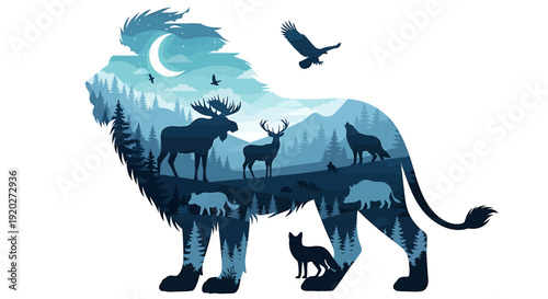 Vector Animal Silhouette Wildlife Landscape Illustration, Nature Forest, Animals, Night, Concept Art, Side View