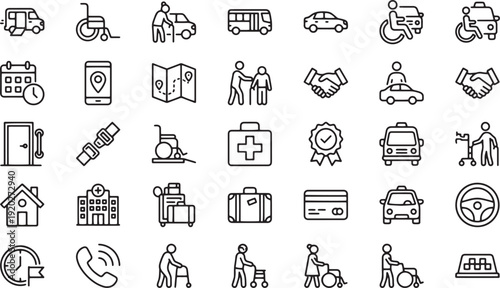 Senior Care and Medical Transportation Line Icons Set
