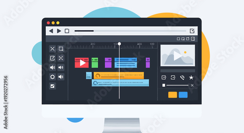 Video Editing Interface, Timeline Elements, Desktop Workspace, Vector Illustration, Flat Design Concept View