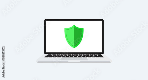 Cybersecurity Shield Icon, Laptop, Digital Workspace, Vector Illustration, Minimalist, Front View, Secure Computing Concept
