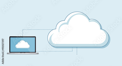 Cloud Storage Data Transfer, Laptop to Cloud, Digital Technology, Vector Illustration, Flat Design, Right View, Connectivity Concept