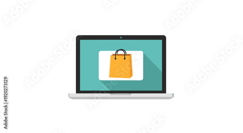 Online Shopping Bag Icon on Laptop Screen, E-Commerce Concept, Minimal Vector Illustration, White Background, Flat View
