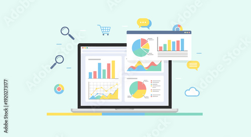 Data Analytics Dashboard, Business Charts, Office Workspace, Vector Illustration, Flat Design, Analytical, Isometric Concept