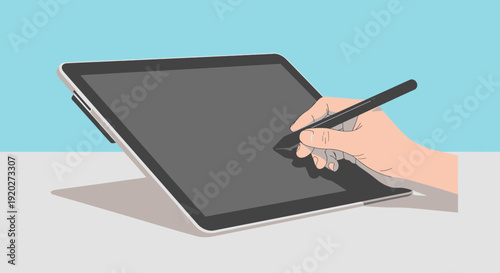 Digital Drawing Action, Hand, Tablet, Studio, Vector Illustration, Minimalist Workspace, Side View, Creative Concept