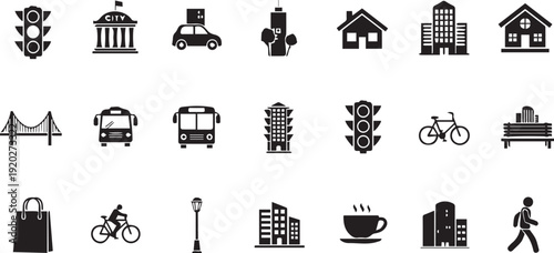 Urban Transport Icon Collection – Vehicle and Street Symbol Vector Pack