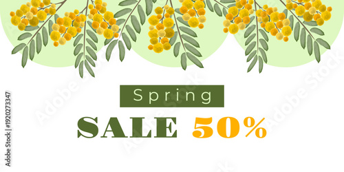 Spring sale flat lay with mimosa flower branch. Seasonal promotion banner design. 