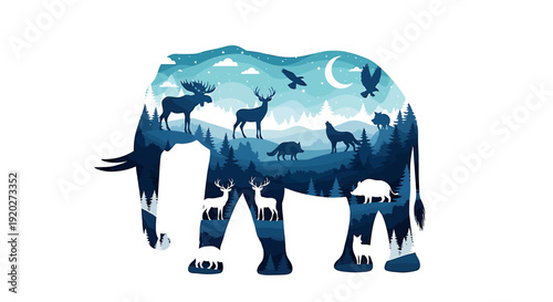 Double Exposure Wildlife Animals, Elephant Silhouette, Forest Nature, Vector Illustration, Night Scenery, Artistic Concept