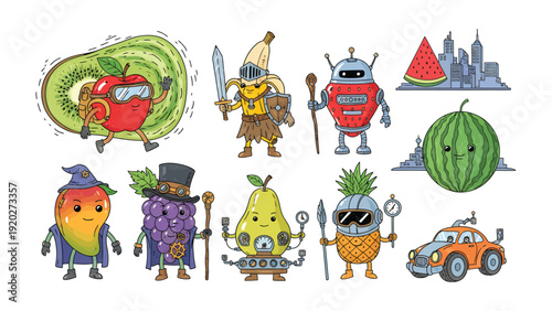 Fruitful Characters: A whimsical assortment of animated fruits, each uniquely personified with distinct personalities, set against a lively background.