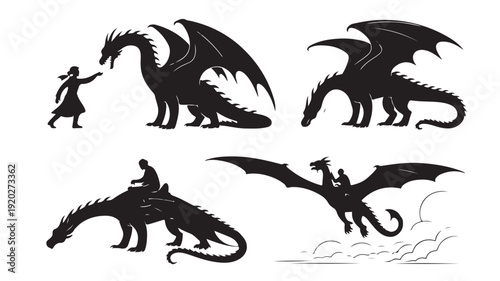 Vector Illustration Of Black Silhouette Dragons And People For Fantasy And Mythology Concepts