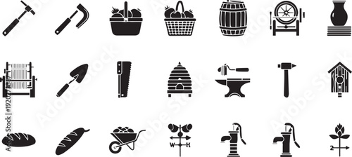 Construction and Gardening Tools Icons – Work Equipment Solid Vector Set