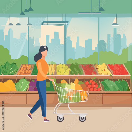 Woman Shopping Fresh Vegetables in Supermarket Aisle with Grocery Cart – Healthy Food Concept
