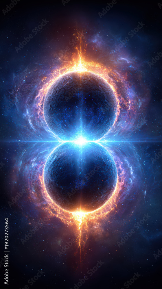 Obraz premium Two mirrored cosmic spheres with fiery energy rings collide in deep space, dramatic sci fi scene symbolizing balance, duality and universal power.