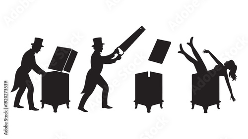 Vector Illustration Of Silhouetted People Disassembling And Jumping Into Furniture For Abstract Concept