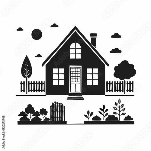 Charming black and white illustration of a cozy house with a well-maintained garden and fence, evoking a sense of home and tranquility