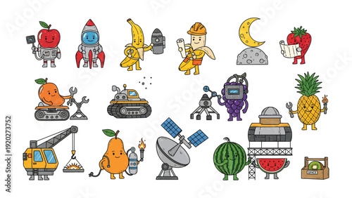 Whimsical Food Characters: A vibrant collection of animated fruits and vegetables, each personified with unique tools and expressions, bringing life and personality to everyday foods.