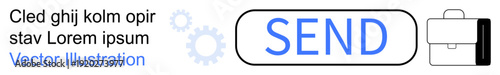 Digital communication, email interaction, interface design, business services, workflow tools, and automation concepts. Send button with gear and briefcase icons. Digital communication and email