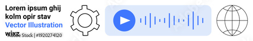 Gear icon, audio player with play button and soundwaves, globe icon for technology, media, global communication. Ideal for technology, audio, global reach, productivity instructions connection