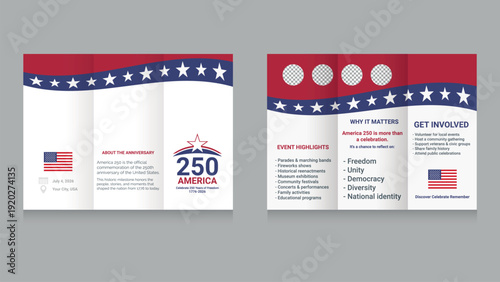 Modern trifold brochure template dedicated to America 250 celebration.