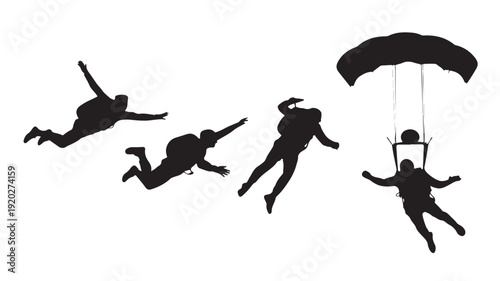 Vector Illustration Of Skydivers In Free Fall And Parachute Descent For Adventure And Sports Concept