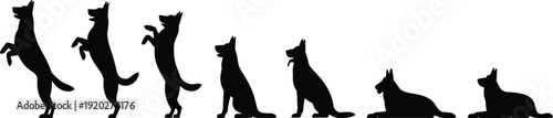 Dog silhouette set in different poses, standing sitting lying and jumping, pet animal vector illustration isolated on white background clipart collection