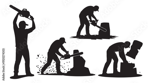 Vector Illustration Of Men Using Chainsaws For Woodcutting And Forestry Work