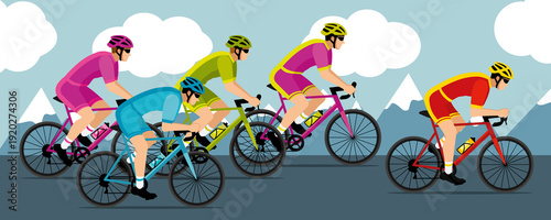 Banner of cyclists competing in a cycling race. Colorful shorts and jerseys. Mountains landscape. Hand-drawn illustration.