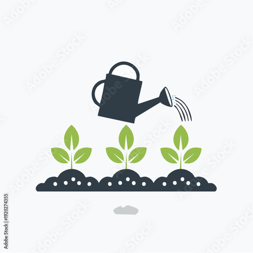 Simple illustration of a watering can pouring water onto three small green plants growing from the soil in a row