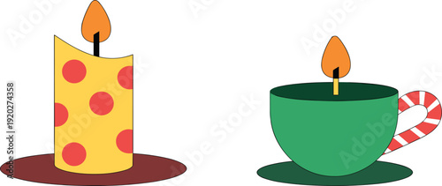 "Two decorative lit candles with playful holiday designs, yellow polka dot candle and green teacup candle with candy cane handle, perfect for festive artwork projects"