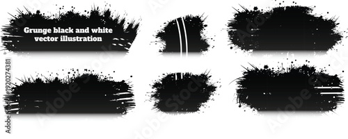 Set of black grunge ink splashes and paint splatter brush strokes forming an artistic vector texture element for a dirty blot border pattern design