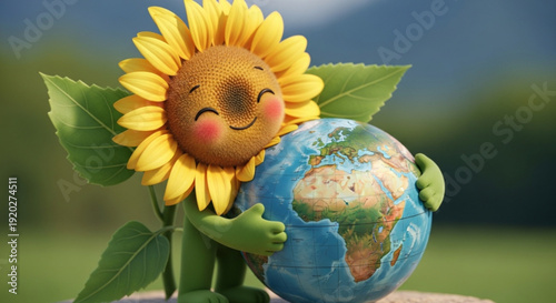 Smiling Sunflower Hugging Earth Globe in Green Field
