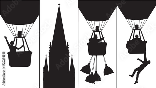 Vector Illustration Of Silhouette Hot Air Balloon Ride Over Church For Travel And Adventure Concept