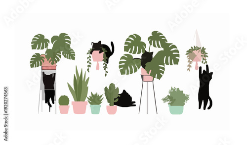 Funny black cats playing with indoor plants in pastel pots flat vector illustration isolated on white