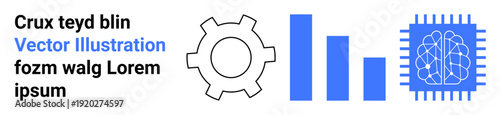 Gear icon, bar chart, and AI neural network chip emphasizing progress, innovation, and analytics. Ideal for technology, data science, artificial intelligence, machine learning process automation