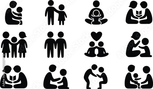 Family, parents and children silhouette icon set with love, care and parenting scenes isolated on white background