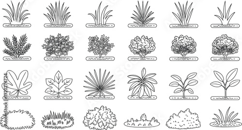 Hand drawn garden plants and bushes outline set with shrubs, grass and foliage elements isolated on white background for landscape and botanical design