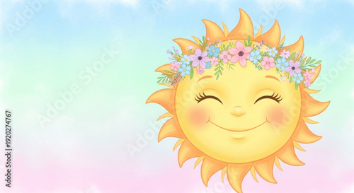 Smiling Sun with Floral Crown on Pastel Background
