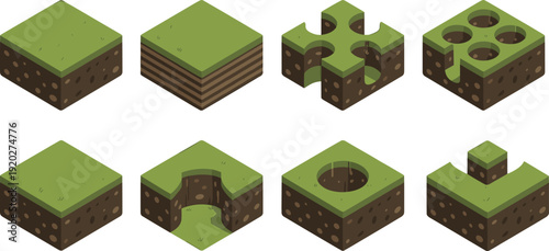 Isometric grass and dirt terrain blocks with layered soil texture, holes and cut sections for voxel game design and 3D landscape environments