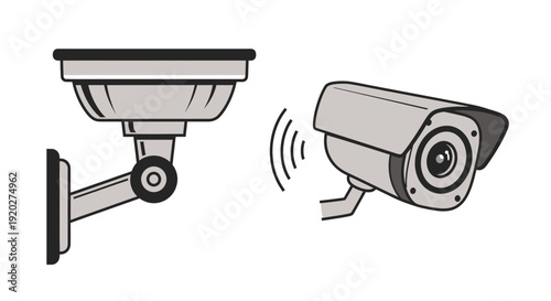 This image features two security cameras with distinct designs, one with a traditional dome shape and the other with a more modern bullet shape