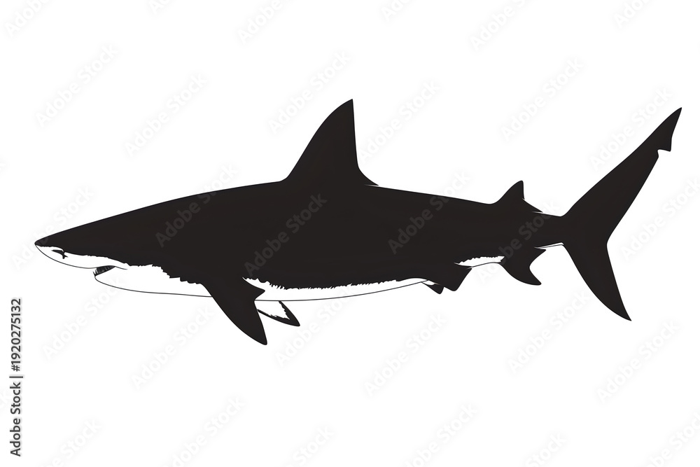Obraz premium Shark Highly Detailed Black Silhouette Isolated on White Background High Resolution Clean Lines Printable Design for Logo Branding T Shirt Tattoo Stencil Clipart Icon and Wall Art