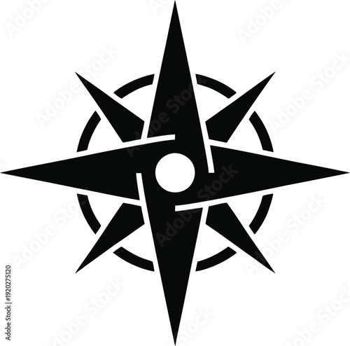 Black compass rose star icon symbol with four main points and a central circle, isolated on a light gray background.