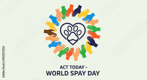 World spay day poster with heart paw print hands
