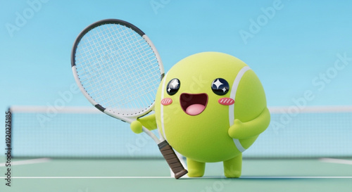 Smiling Cartoon Tennis Ball Character Holding Racket on Tennis Court