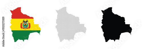 bolivia map with national flag emblem halftone dotted pattern and solid black vector set