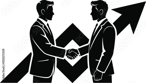 Business partnership and growth concept two silhouetted businessmen shaking hands against a backdrop of an upward trending arrow and geometric shapes.