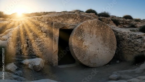 Empty tomb of Jesus with rolling stone door open and bright sun rays. Symbol of resurrection and new life for Christianity, Easter holiday.	