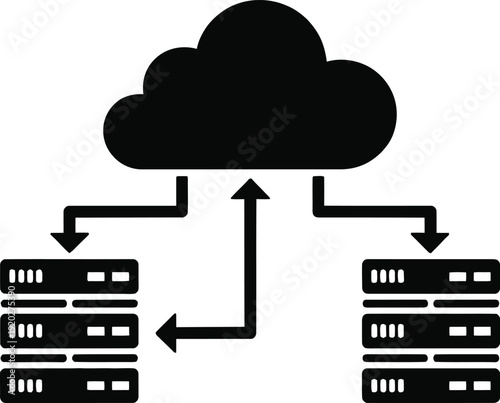 Cloud computing data storage and synchronization concept with server racks and network flow illustration.