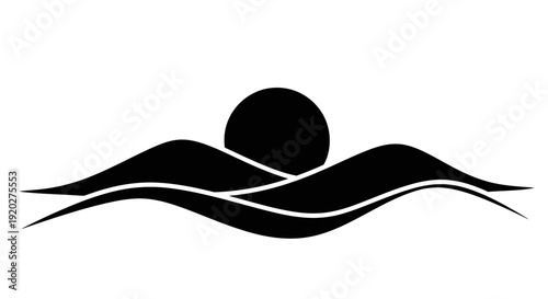 Black Silhouette of Waves and Sun.