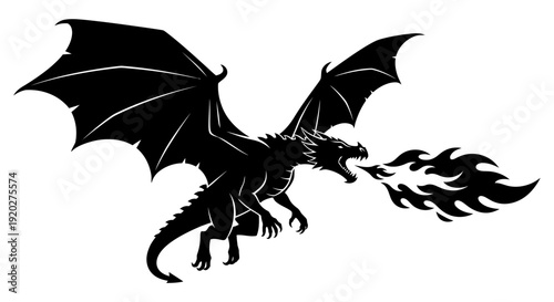 Black dragon breathing fire silhouette.